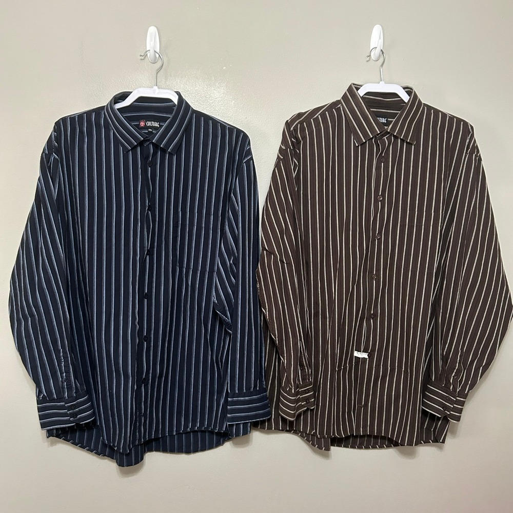 Culture Button Down Shirts Mens 2XL Navy Brown Striped 2 Pack Office Casual Y2k